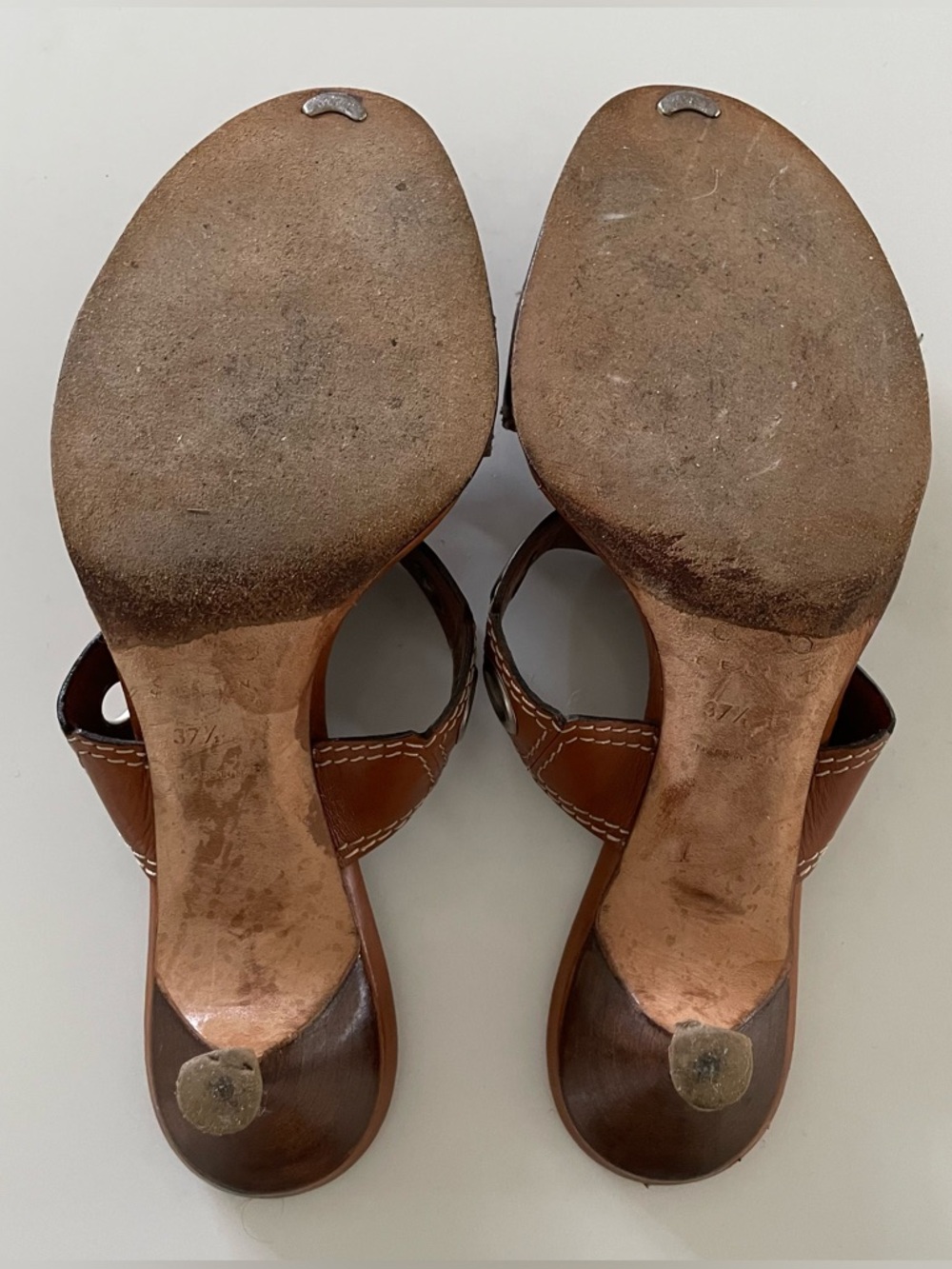 Celine Tan Leather Kitten Heel Sandals with Silver Circle Grommets Size 37.5 - Picture 4 of 7